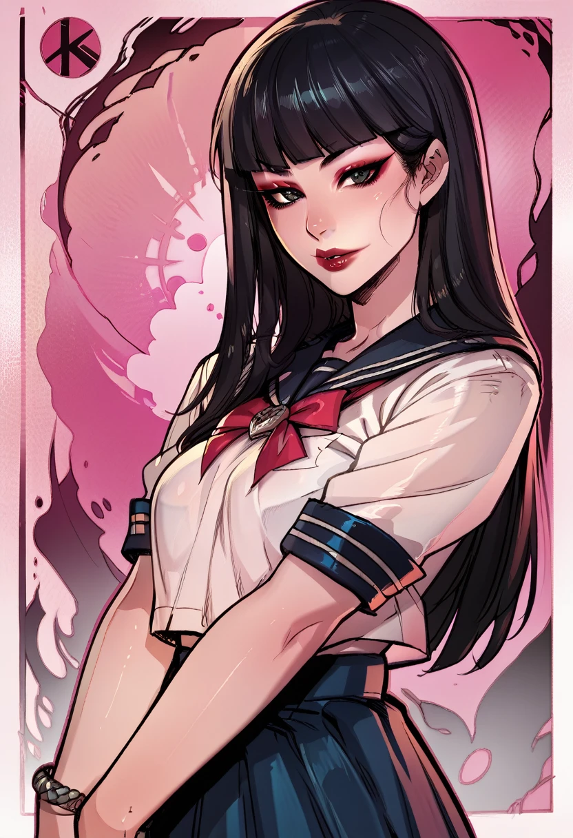 score_9, score_8_up, score_7_up, score_6_up, score_5_up, score_4_up, BREAK 1girl, intricate, school outfit , (eyeliner:1.2), looking at viewer, black hair, hime-cut, long hair, pale skin, jewelry, detailed background, breasts (masterpiece, high quality:1),