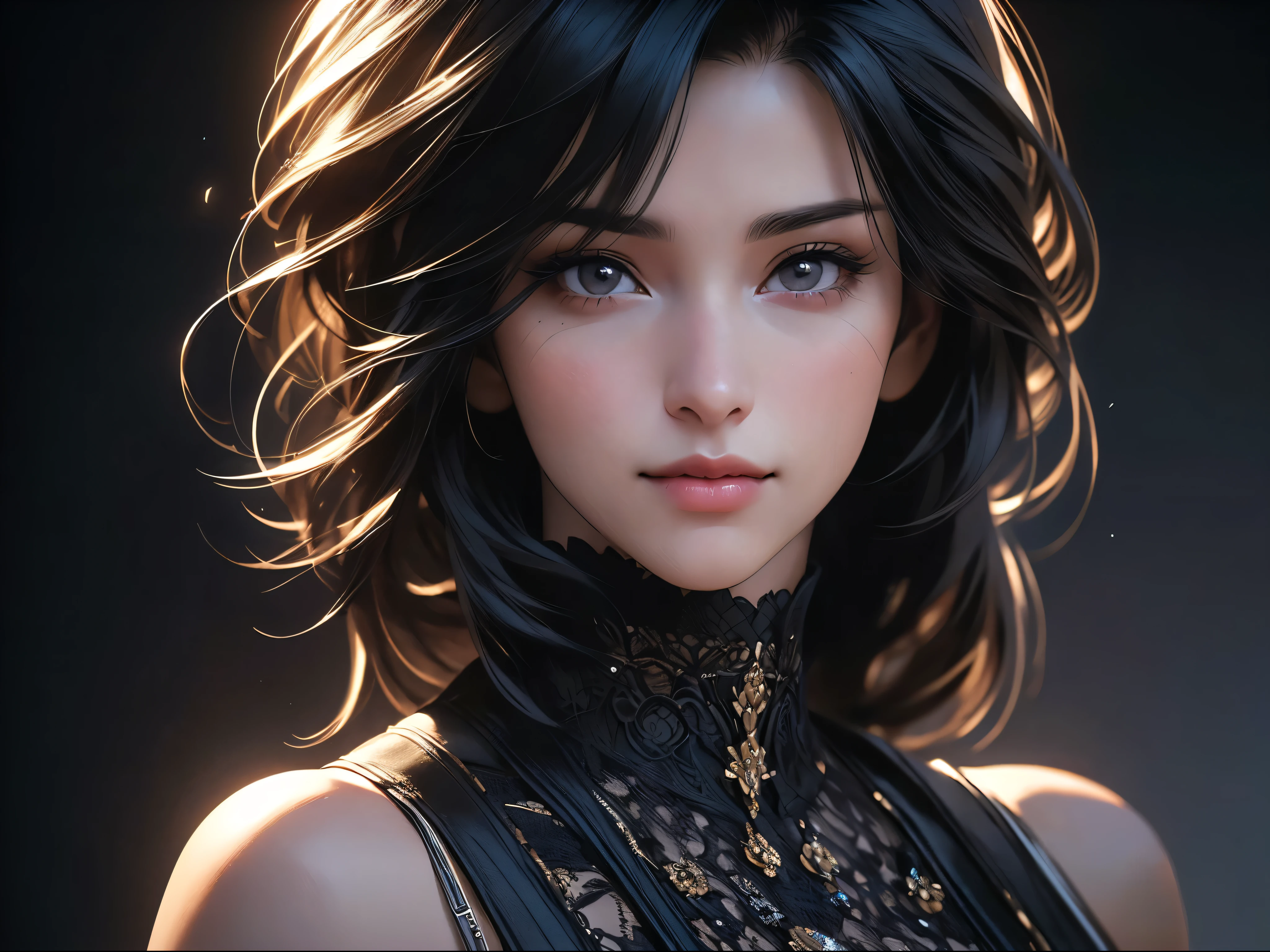 beautiful woman with black hair and black eyes, 30 years old, shot in the chest, warm background, smirking expression, detailed facial features, intricate clothing, cinematic lighting, photorealistic, hyper detailed, 8k, (best quality,4k,8k,highres,masterpiece:1.2),ultra-detailed,(realistic,photorealistic,photo-realistic:1.37)