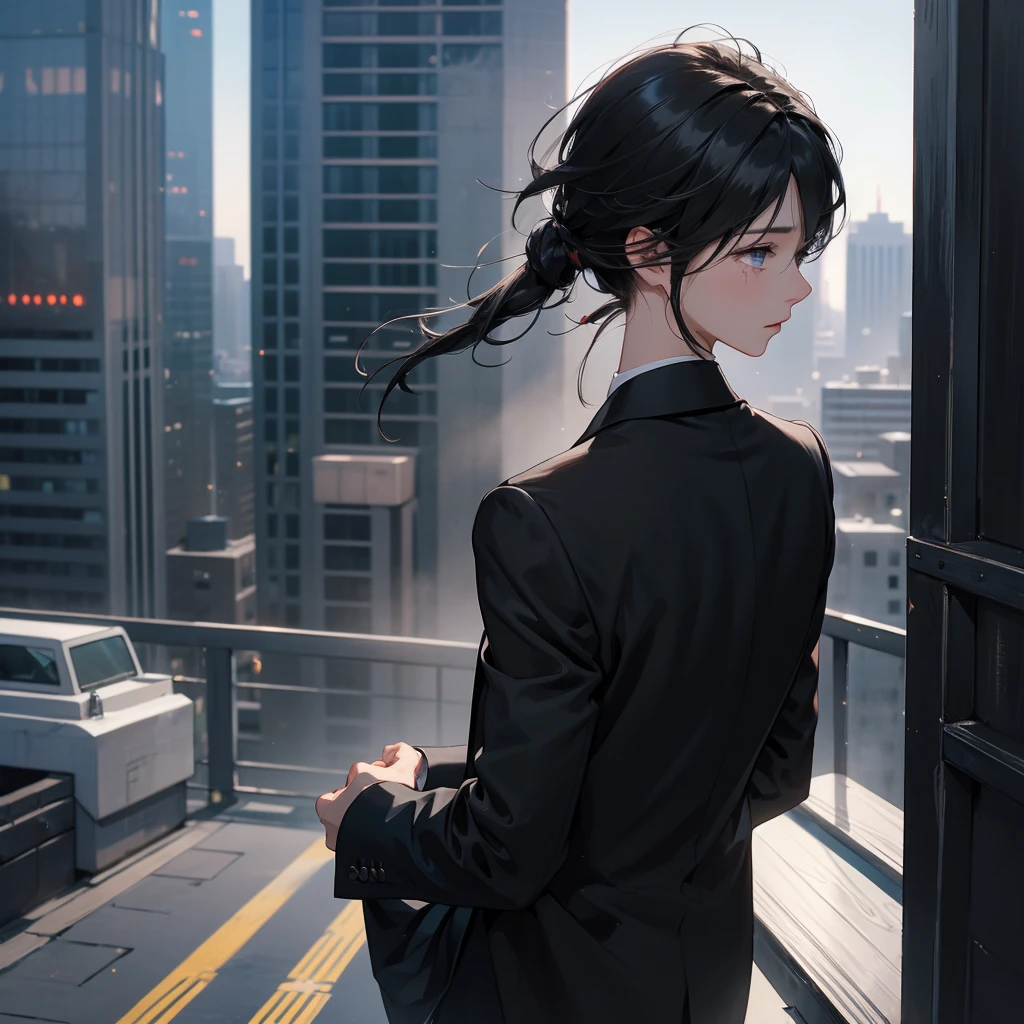 1boy, black hair, blindfolded, wearing all black suits, on top of a building, crying, high res, ultrasharp, 8k, masterpiece, looking at viewer from behind