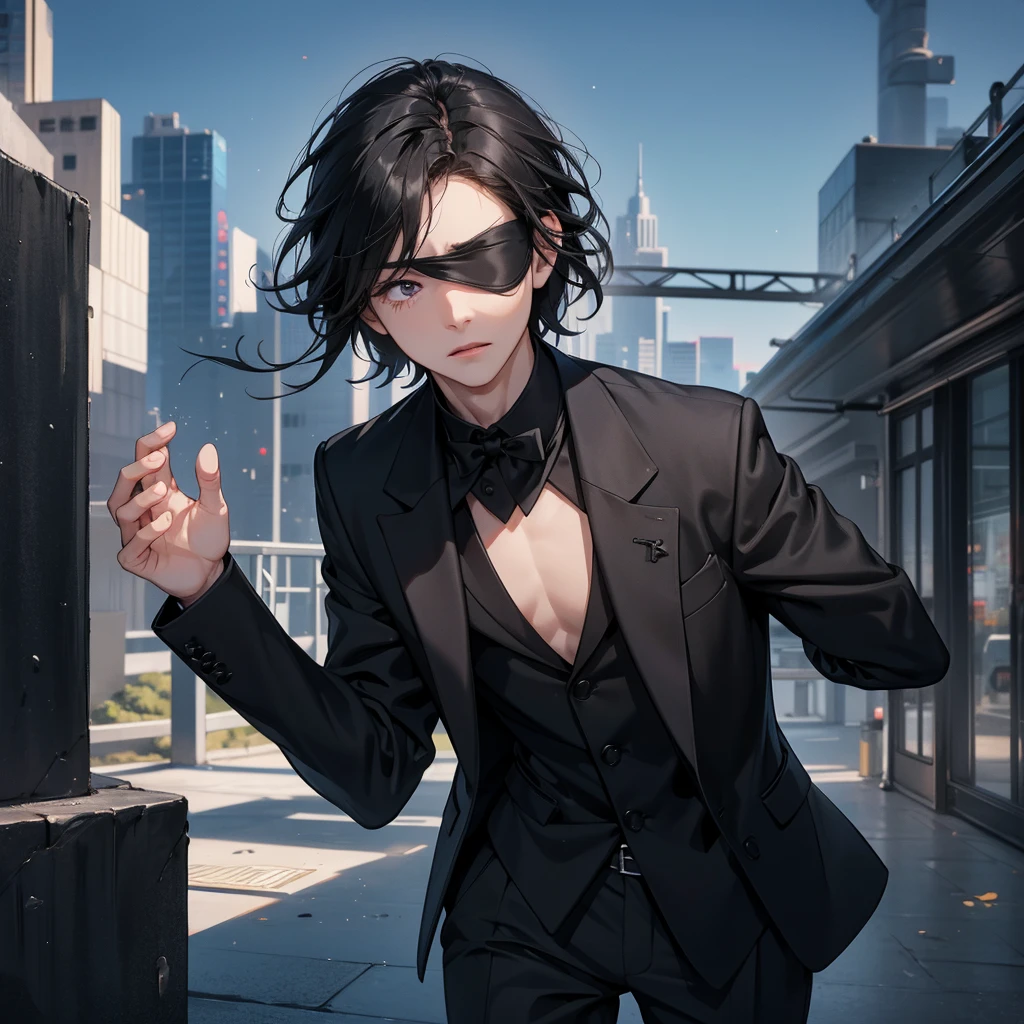 1boy, black hair, blindfolded, wearing all black suits, on top of a building, crying, high res, ultrasharp, 8k, masterpiece, looking at viewer from behind