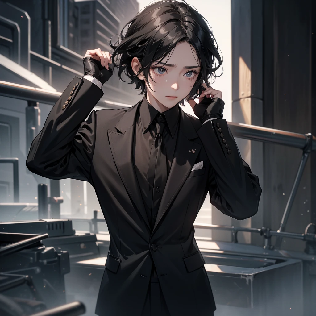 1boy, black hair, blindfolded, wearing all black suits, on top of a building, crying, high res, ultrasharp, 8k, masterpiece, looking at viewer from behind