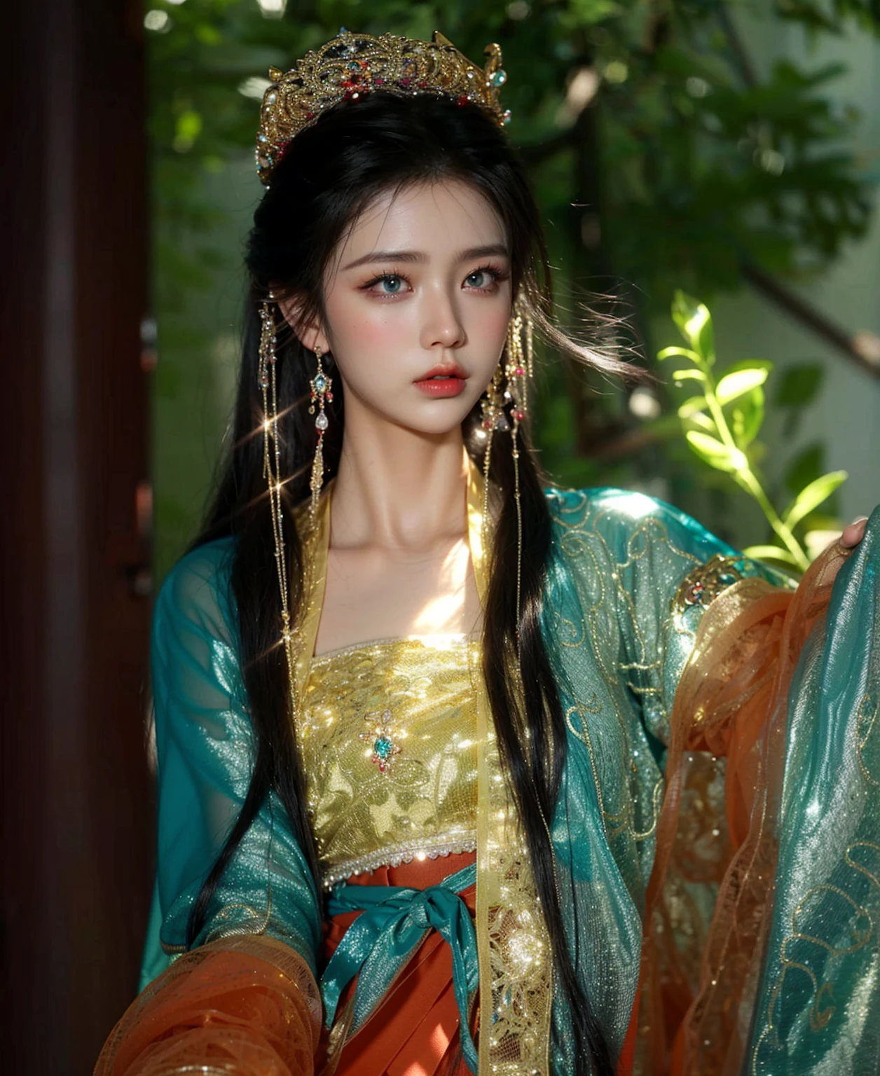 Game Art，Best image quality，Maximum resolution，8K，(A bust photo)，(portrait)，(Head close-up)，(Rule of Thirds)，Unreal Engine 5 rendering works，20 year old girl，((Queen))，The eyes are very detailed，(Large Breasts)，Elegant and noble，light，Ray Tracing，Game CG，((3D Unreal Engine))，OC rendering reflection mode，4K，Ultra-clear，Sensual，Translucent lace，Fair and plump figure，Pretty Face，Glossy Gel Coat，身着华贵礼服的Queen，Crystal Gem Crown，Necklace jewelry，blue eyes，The tattoo is very three-dimensional，Gorgeous and intricate tattoo designs，Ultra-clear portrait，Sexy thick lips(Red lipstick)，Gorgeous clothing，Diamond Gold，Luxury Costume Jewelry，Diamonds, pearls and gemstones of cosmic grade，Silk Hanfu long skirt