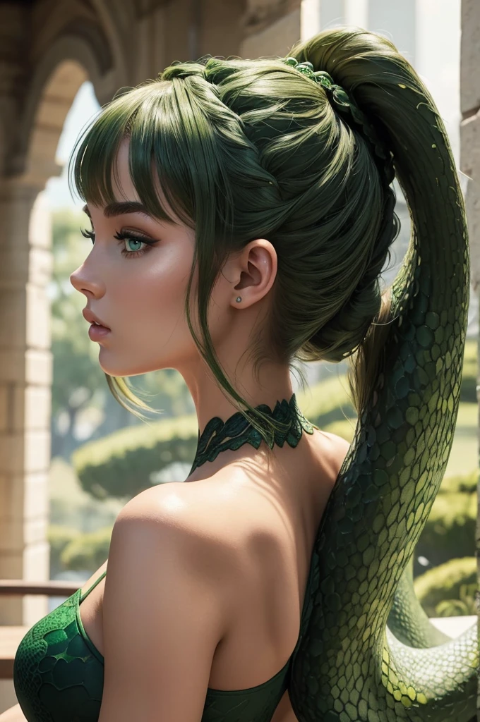 Megan Williams, ultra detailed face, ultra detailed green eyes, hair bangs ponytail, (side view), (((lamia, masterpiece)))