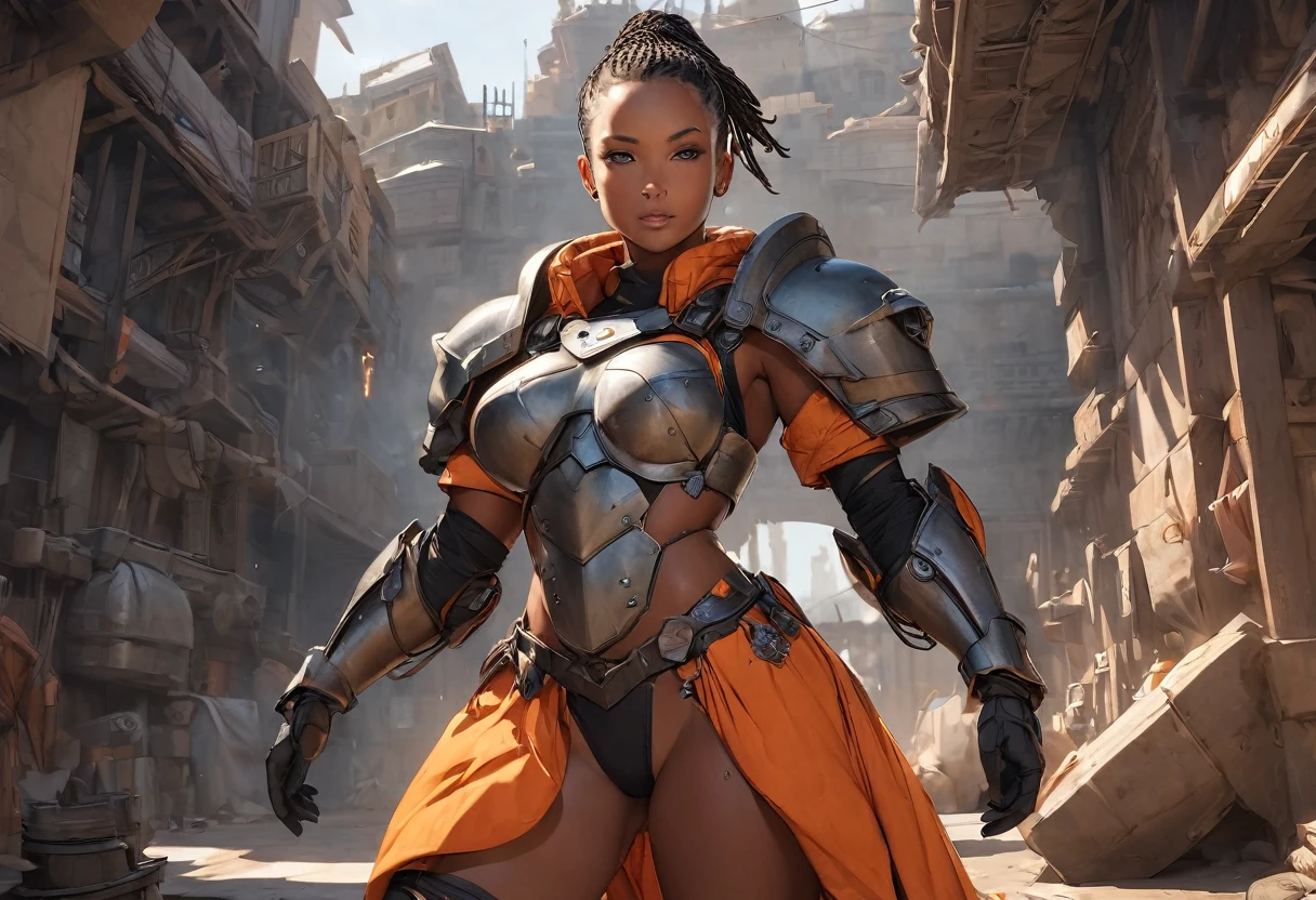 (best quality,4k,8k,highres,masterpiece:1.2), ultra-detailed, (Numerous award-winning masterpieces, incredibly detailed and textured, maximal resolution and clarity), imagine a high tech barbarian combining futuristic heavy orange armored space suit with primitive (barbaric furs) and loin cloth, her outer armor is a bold orange while her under layers are a dark green. under the armor liner covers her upper body and arms under the armor. The power armor has chipped pain and scratches from many battles, it has rivets and a very heavy looking chest plate, there are hoses on the chest plate. visible wires pistons and gears connect the shoulder pads to the armored gloves. her lower body is unarmored, she has bare hips and bare thighs. She is a muscular black woman with her short hair pulled back in dreadlocks. Black fur lines the shoulder pads, she wears a (black fur loincloth:1.1), jk