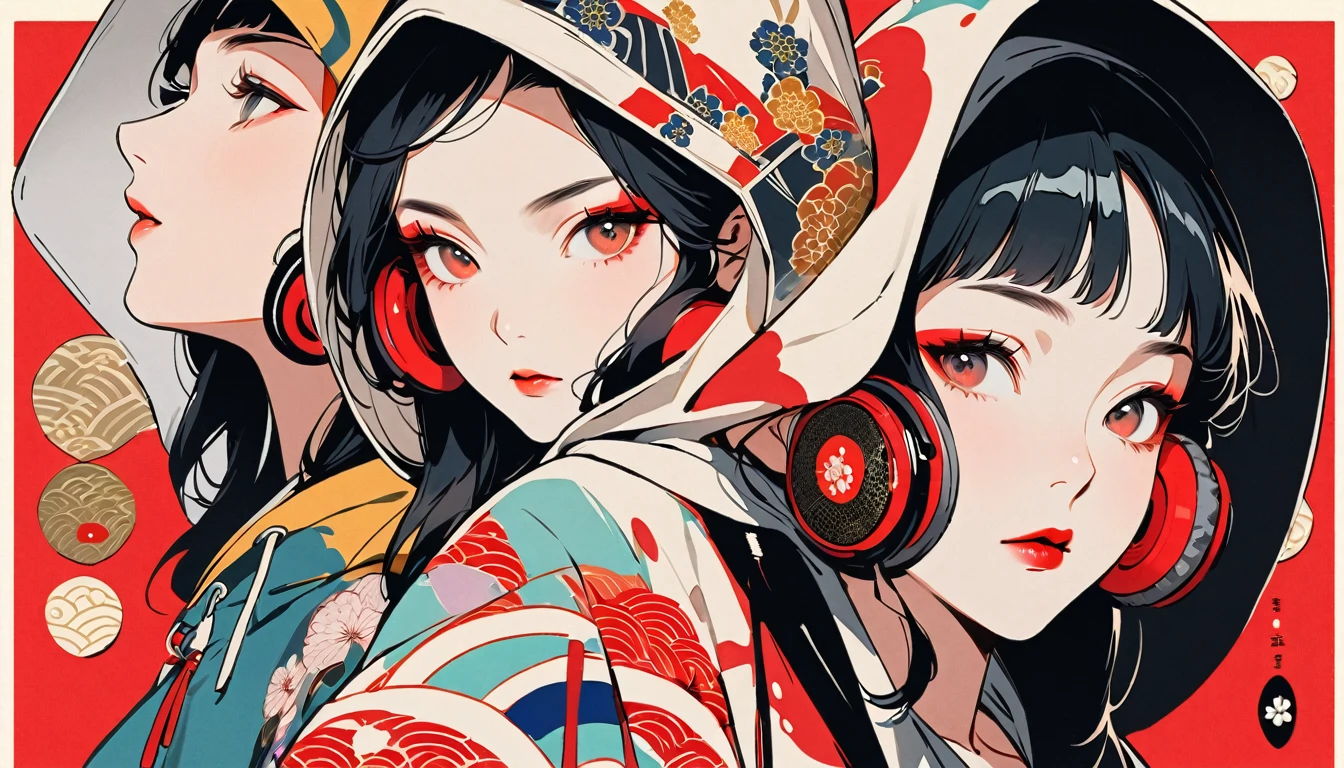 (((Ink Painting))), Fashion portrait color photos, (((from below))), (((Flashy makeup))), (((Japanese style headphones))), (((Japanese pattern hoodie))), (((Put on the hood))), Japan人の少女, Black Hair, metals, Modern ukiyo-e style,Japan, Japanese flag, vivid color