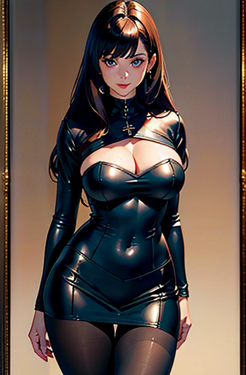 ((masterpiece, highest quality)))، (1 girl)، ((Mature Woman))), Brown Hair, Hello, Second leather upper (skirt (pantyhose)), bangs, Medium Chest, (Big Breasts), thin, smile, Wide Hips, machine, Are standing, Arrow \(Blue Profile\),, masterpiece, highest quality, (masterpiece)، (highest quality: 1.4)، (Very high accuracy: 1.2)، (Very realistic: 1.4)، (Realistic photos  :1.2)