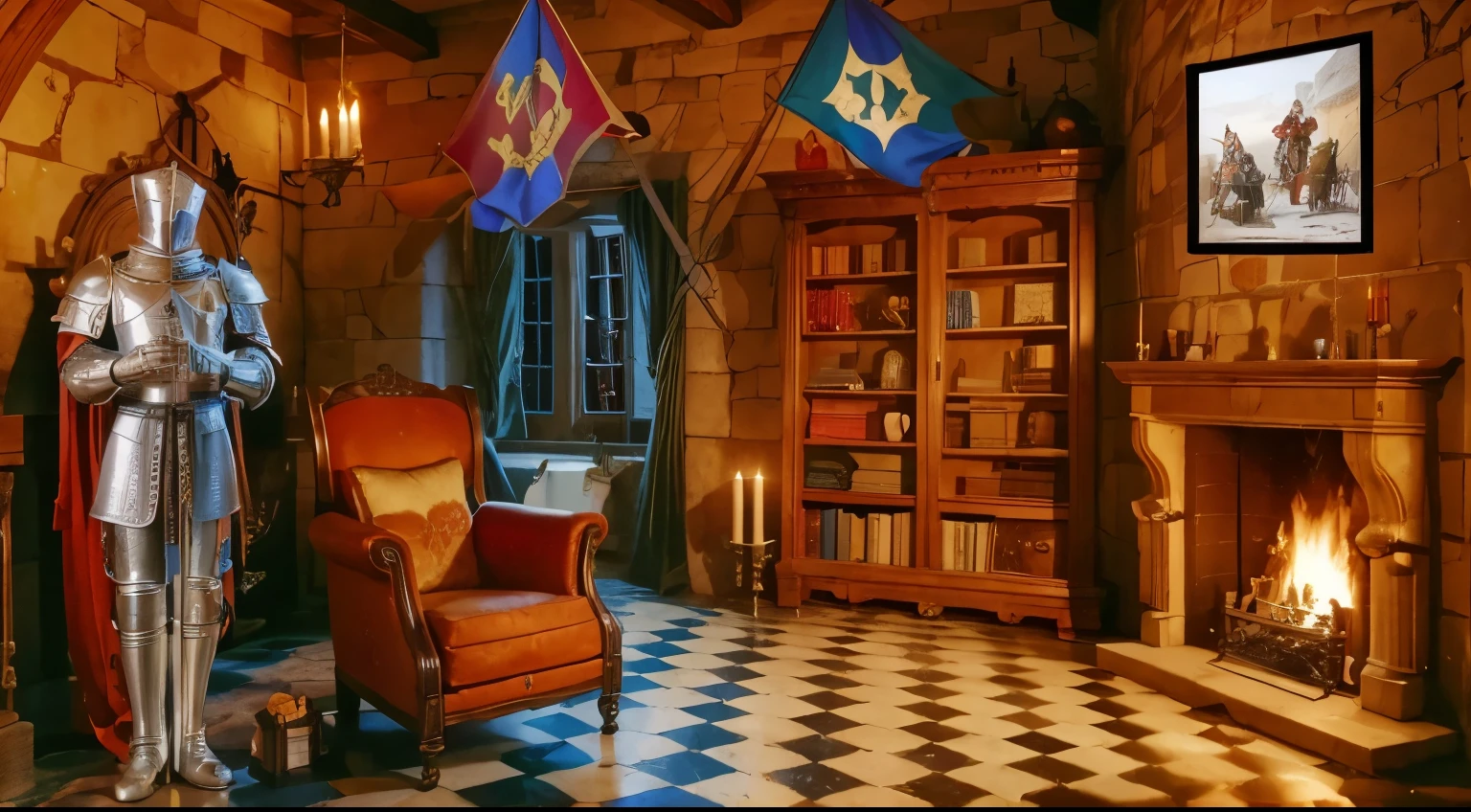 a pretty medieval catle room full of medieval castle objects, a heraldic fireplace, medieval book shelf, medieval chairs, a window in winter, fantasy castle, high resolution, a cup of tea, a medieval side cavalier, heraldic flags standart, a frame of cavaliers in wall, Medieval Knight Plate Armor holding a sword, a cup of the on chair
