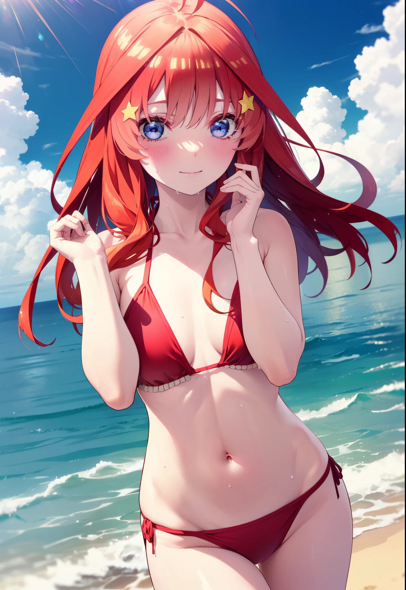 itsukinakano, Itsuki Nakano, bangs, blue eyes, Long Hair,Hair between the eyes, Ahoge, Redhead, star \(symbol\), hair ornaments, star hair ornaments,Red bikini string swimsuit,barefoot,Wet Hair,Wet Hair,Wet Skin,Water Play,smile,blush,True Summer,Clear skies,Daytime,
break outdoors,Ocean,
break looking at viewer,whole body , (Cowboy Shot:1. 5),
break (masterpiece:1.2), Highest quality, High resolution, unity 8k wallpaper, (shape:0.8), (Beautiful attention to detail:1.6), Highly detailed face, Perfect lighting, Extremely detailed CG, (Perfect hands, Perfect Anatomy),