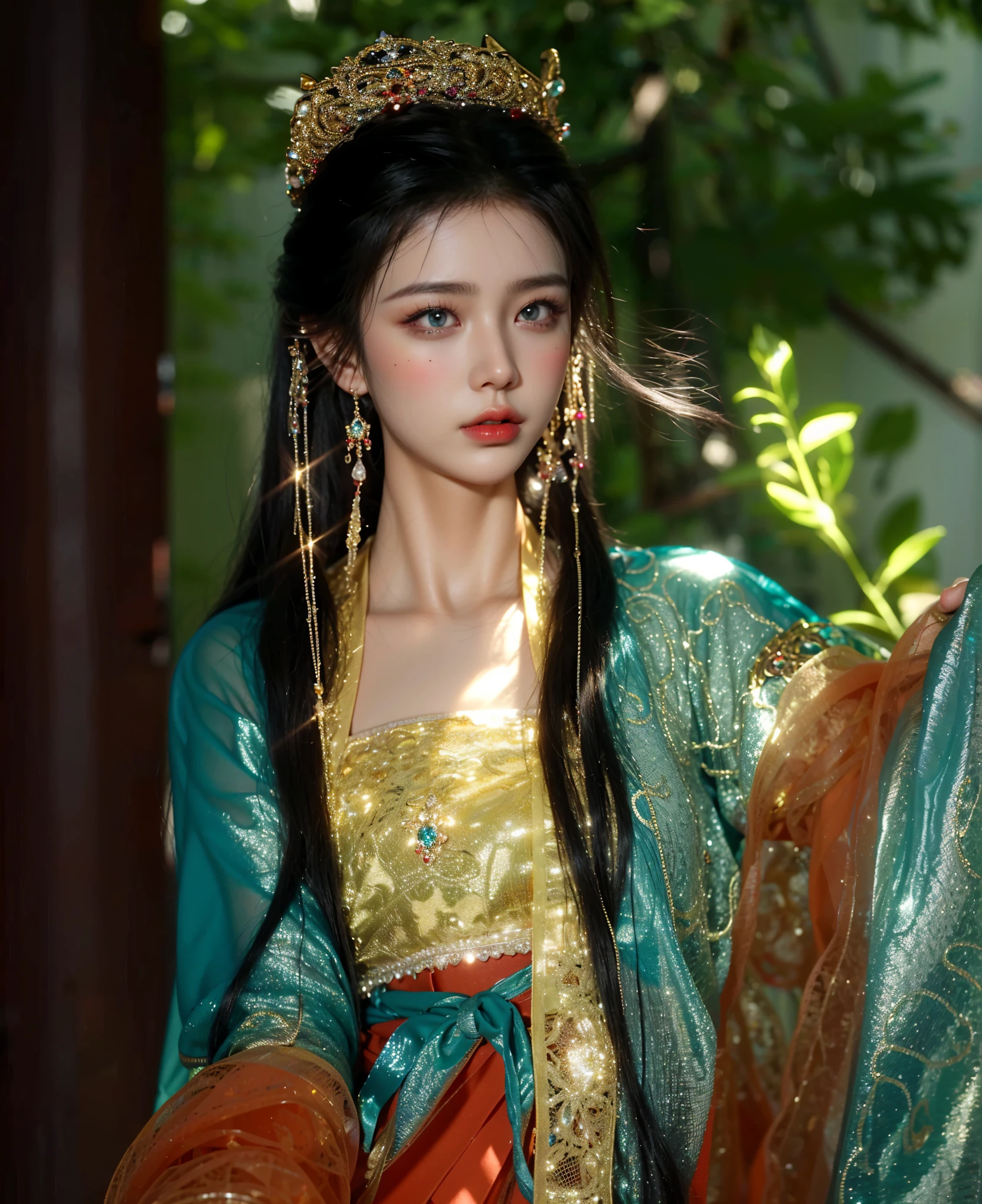 Game Art,Best image quality,Maximum resolution,8K,(A bust photo),(portrait),(Head close-up),(Rule of Thirds),Unreal Engine 5 rendering works,20 year old girl,((Queen)),The eyes are very detailed,(Large Breasts),Elegant and noble,light,Ray Tracing,Game CG,((3D Unreal Engine)),OC rendering reflection mode,4K,Ultra-clear,Sensual,Translucent lace,Fair and plump figure,Pretty Face,Glossy Gel Coat,身着华贵礼服的Queen,Crystal Gem Crown,Necklace jewelry,blue eyes,The tattoo is very three-dimensional,Gorgeous and intricate tattoo designs,Ultra-clear portrait,Sexy thick lips(Red lipstick),Gorgeous clothing,Diamond Gold,Luxury Costume Jewelry,Diamonds, pearls and gemstones of cosmic grade,Silk Hanfu long skirt