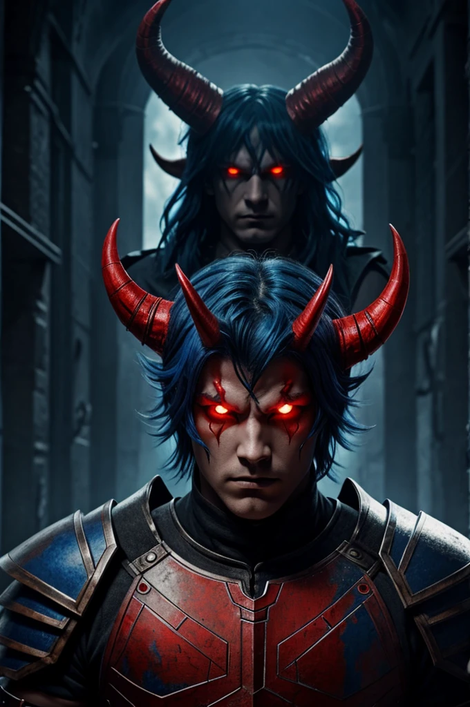 demon boy with red eyes,horns,blue hair,armor and threatening look