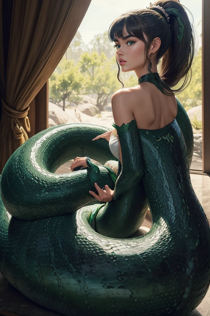 Megan Williams, ultra detailed face, ultra detailed green eyes, hair bangs ponytail, (side view), (((lamia, masterpiece)))
