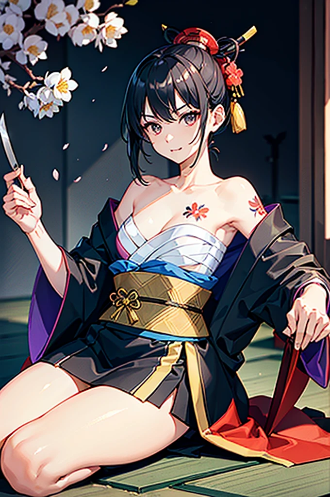 ((roll up bandage sideways on a  chest tightly to cover the chest without gaps)),  bandage samweways, the bantage is no chest shape, flat chest, ((Japanese Gangster BOSS)), adult woman with the dignified presence, Killing Qi, wear nothing around shoulder, wear nothing around neck, wear the kimono, wear it below the waist, (I wind it up to control it, and to attach it),  ((kimono come off)) ,wear the kimono multiple times, Bare shoulders and the clavicle, black and gold kimono, put on over jacket of kimono, (holding a japanese sword which shine in purple, The handole of the sword is black, and the blade is gray, long sword), eye fire, low angle, whole body, bandage is seen, anime character, Glaring, off sholder, nappropriate smile, Excellent, black blue hair, can see both shoulder, long hem, small face, ((some cherry blossam big tattoo on the arm)),((Sitting in the head seat of the mansion)), ((background Japanese gate with circlr mark)),long kimono to hide legs,muscular,drink sake,baskground moon