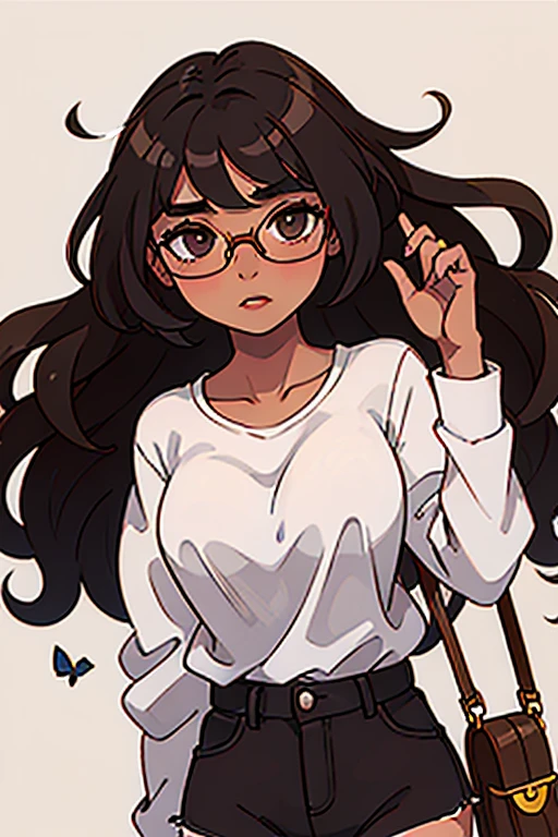 old girl Curly hair,glasses,Brown eyes, pretty lips dark skin tone,capul butterfly