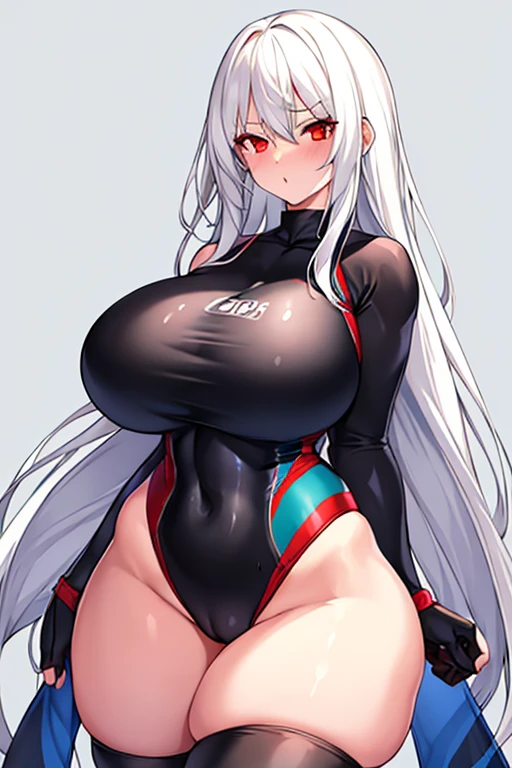 1girl, white hair, long hair, red eyes, serious, glowing eyes, large breasts, thick thighs, mature female, athletic female, toned, one-piece swimsuit, competition swimsuit, long sleeves, sleeves, gloves, black one-piece swimsuit, thighhighs, wet