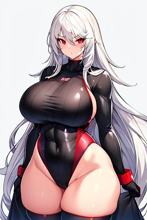 1girl, white hair, long hair, red eyes, serious, glowing eyes, large breasts, thick thighs, mature female, athletic female, toned, one-piece swimsuit, competition swimsuit, long sleeves, sleeves, gloves, black one-piece swimsuit, thighhighs, wet