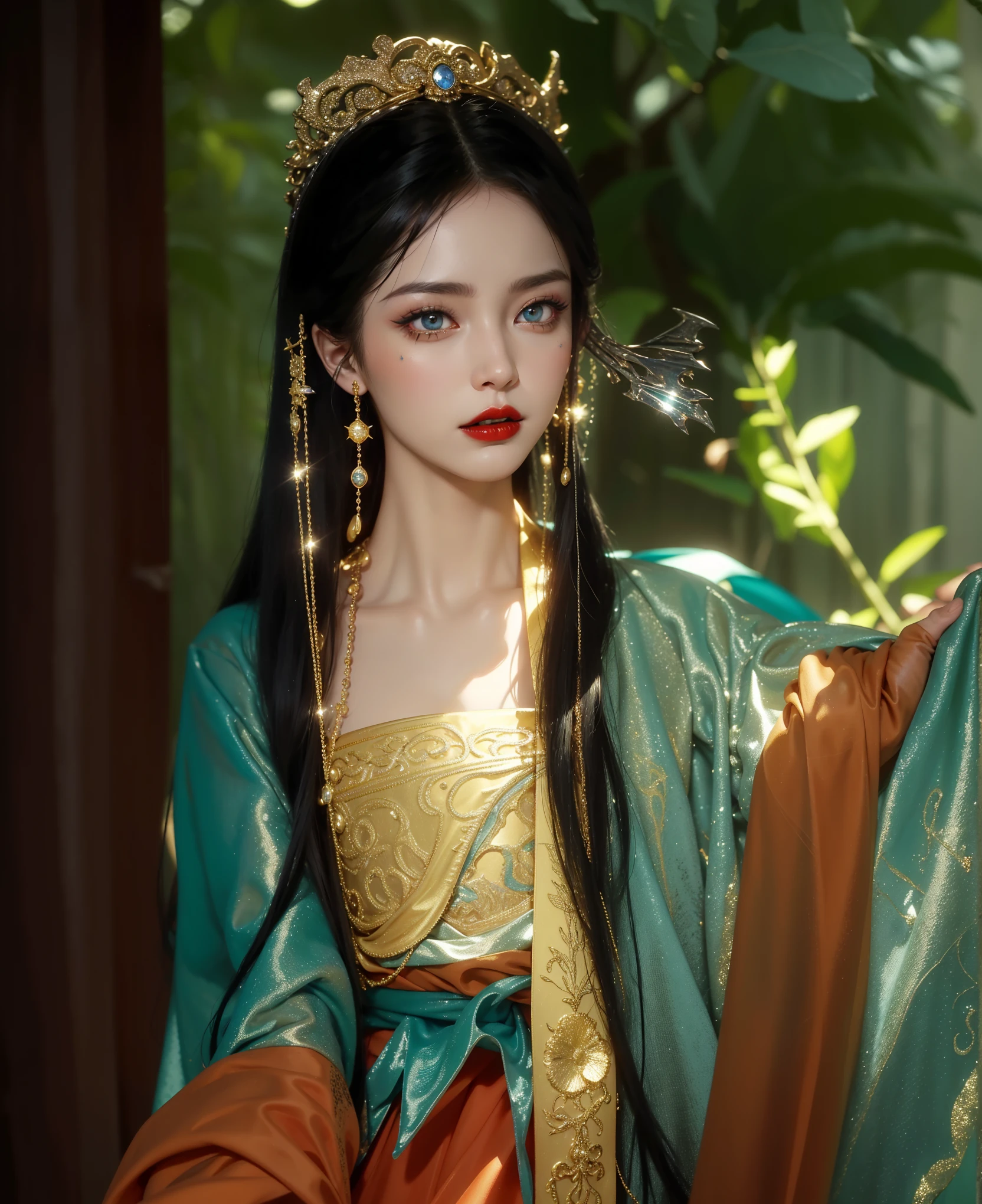Detailed image quality，Witch Pandora，wing, Succubus Theme，堕落Angel，Excellent，scary，Secret Terror，Tentacles，With eyes，Uncanny Valley Effect，Beast Blood Moon，skeleton，vampire，Hellfire，Dark Queen，Angel，magician magic witch，16岁Angel，Eyes are blue(Pupils as deep as the starry sky)，Gorgeous tattoo designs all over the body，Surreal photos(8K picture quality，Rich in details)，Dark eyeshadow，Sexy thick lips(Red lipstick)，Tattoo designs on body，Dark Queen，Wear luxurious gold jewelry，Sparkling diamond gemstone，Silk Hanfu long skirt