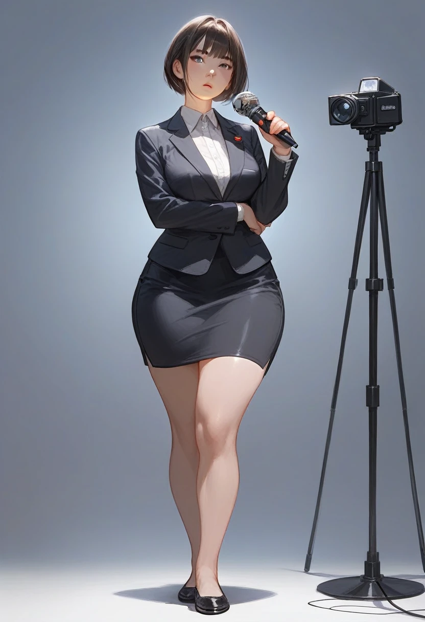 (score_9,score_8_up,score_7_up) 1lady asian, solo, mature female, (black short hair), bob hairstyle, bangs, almond eyes, (suit), tight black blazer, (tight pencil_skirt), blank expression, pale, ((thick thighs)) ((flatshoes, black footwear))  ((wide hips)) standing upright, full body shown, holding microphone, news reporter, busty, thick legs, thick thighs pressed together, asian woman, hourglass bodyfigure, staring at camera, asian details, facing forward, detailed face, staring