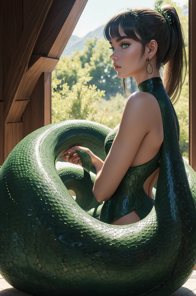 Megan Williams, ultra detailed face, ultra detailed green eyes, hair bangs ponytail, (side view), (((lamia, masterpiece)))