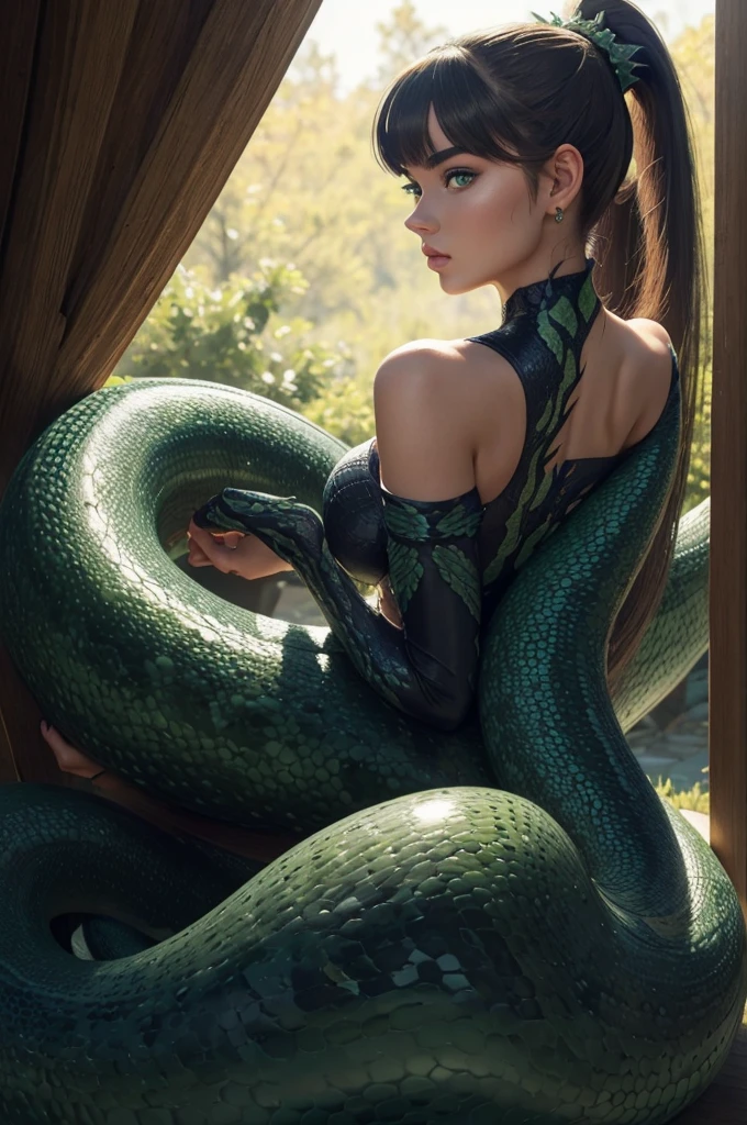 Megan Williams, ultra detailed face, ultra detailed green eyes, hair bangs ponytail, (side view), (((lamia, masterpiece)))