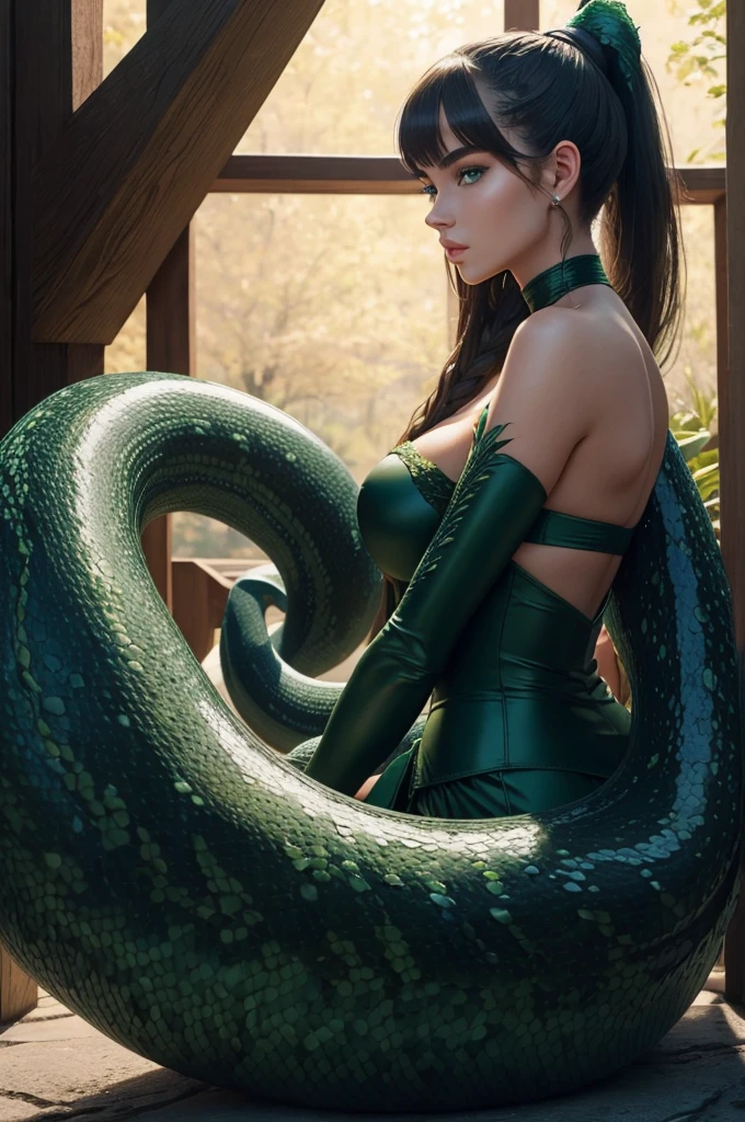 Megan Williams, ultra detailed face, ultra detailed green eyes, hair bangs ponytail, (side view), (((lamia, masterpiece)))