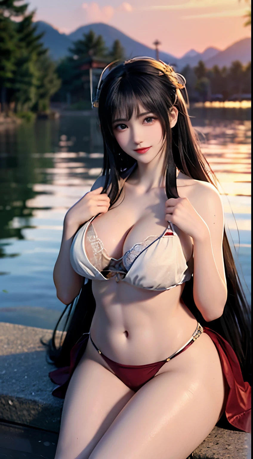 (logo、masterpiece、、Tabletop、RAW Photos、wonderful、最high quality、Aristocratic and high-definition CG composite 8k wallpaper、high quality、Very detailed、Narrative poem、Particle Effects、Dynamic Effects、Depth of the Boundary、Cinematic Light、Lens flare、Ray Tracing)、One Girl、Beautiful Skin、Red clothes、Red swimsuit、深紅のBikiniの水着、Bikini、Soaking wet、Kneel、Black Hair、Portraits of famous actresses of Japan、smile、Beautiful curves、chest、Chestchest cleavage、glamorous、Chubby body type、BIG ASS、Waistline、bangs、eyelash、Big eyes、Seaside、Very beautiful sky、Very beautiful sea、Dynamic Angles