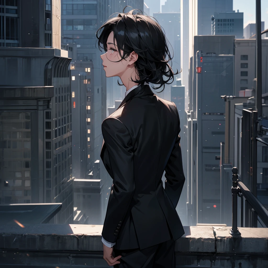 1boy, black hair, blindfolded, wearing all black suits, on top of a building, crying, high res, ultrasharp, 8k, masterpiece, looking at viewer from behind
