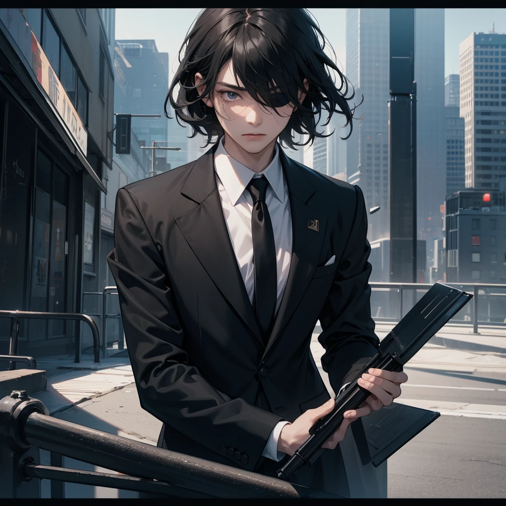 1boy, black hair, blindfolded, wearing all black suits, on top of a building, crying, high res, ultrasharp, 8k, masterpiece, looking at viewer from behind