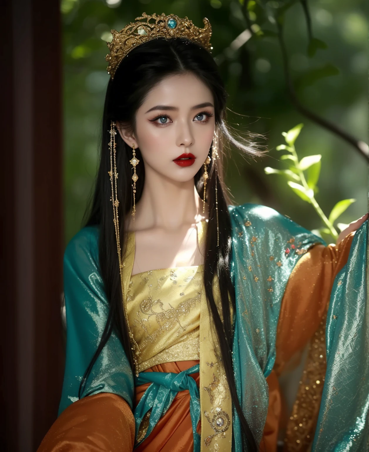 Detailed image quality,Witch Pandora,wing, Succubus Theme,堕落Angel,Excellent,scary,Secret Terror,Tentacles,With eyes,Uncanny Valley Effect,Beast Blood Moon,skeleton,vampire,Hellfire,Dark Queen,Angel,magician magic witch,16岁Angel,Eyes are blue(Pupils as deep as the starry sky),Gorgeous tattoo designs all over the body,Surreal photos(8K picture quality,Rich in details),Dark eyeshadow,Sexy thick lips(Red lipstick),Tattoo designs on body,Dark Queen,Wear luxurious gold jewelry,Sparkling diamond gemstone,Silk Hanfu long skirt