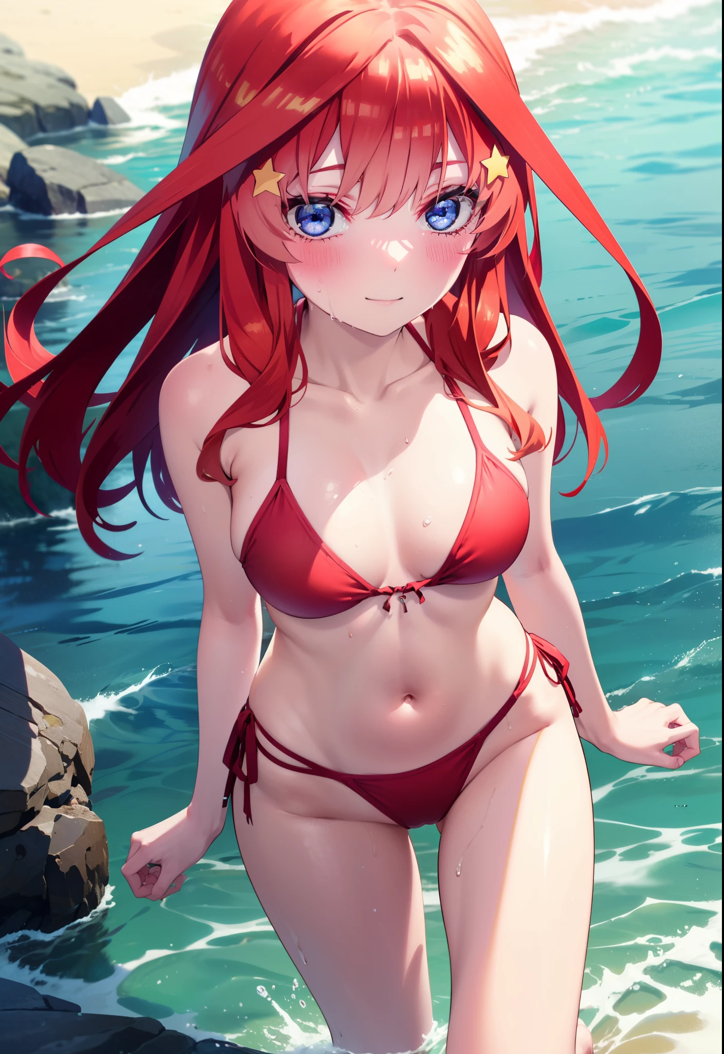 itsukinakano, Itsuki Nakano, bangs, blue eyes, Long Hair,Hair between the eyes, Ahoge, Redhead, star \(symbol\), hair ornaments, star hair ornaments,Big Breasts,Red bikini string swimsuit,barefoot,Wet Hair,Wet Hair,Wet Skin,Water Play,smile,blush,True Summer,Clear skies,Daytime,
break outdoors,Ocean,
break looking at viewer,whole body , (Cowboy Shot:1. 5),
break (masterpiece:1.2), Highest quality, High resolution, unity 8k wallpaper, (shape:0.8), (Beautiful attention to detail:1.6), Highly detailed face, Perfect lighting, Extremely detailed CG, (Perfect hands, Perfect Anatomy),