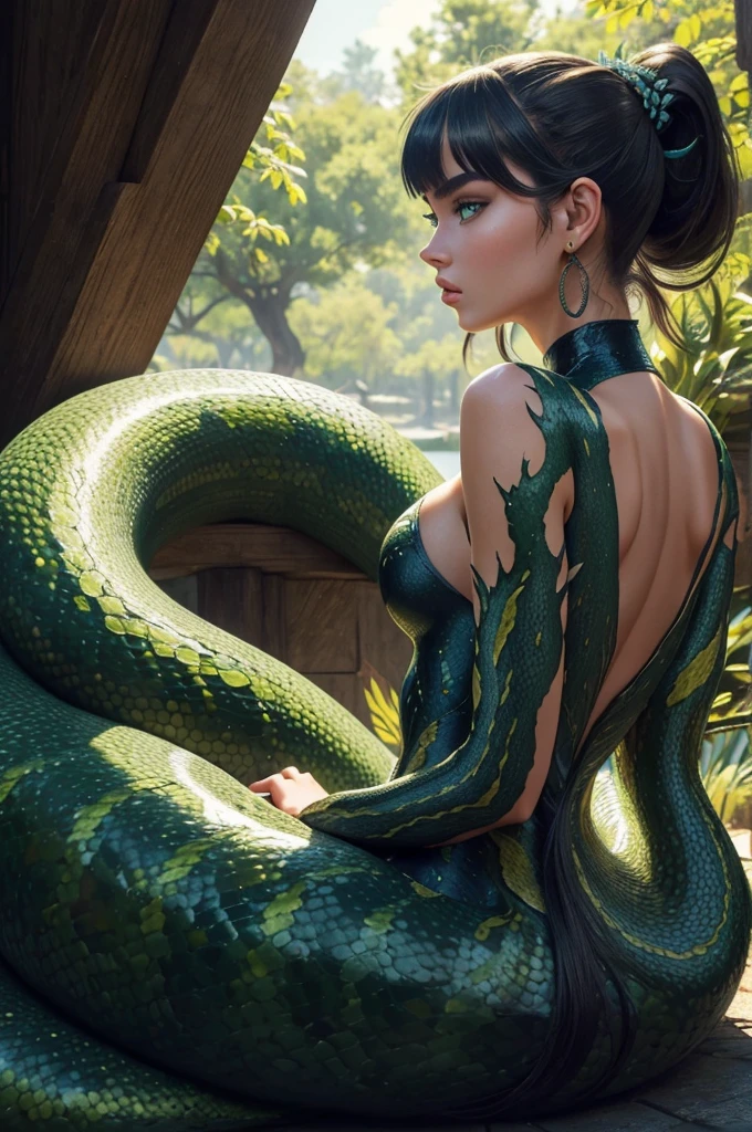 Megan Williams, ultra detailed face, ultra detailed green eyes, hair bangs ponytail, (side view), (((lamia, masterpiece)))