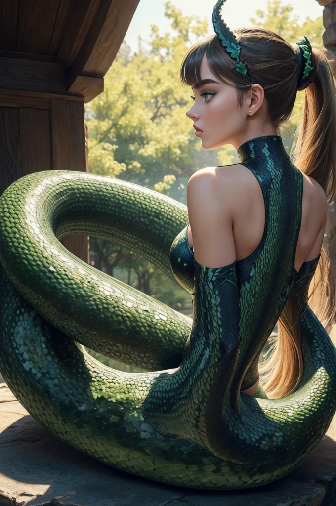 Megan Williams, ultra detailed face, ultra detailed green eyes, hair bangs ponytail, (side view), (((lamia, masterpiece)))