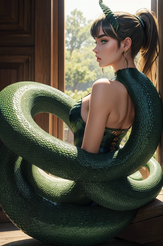 Megan Williams, ultra detailed face, ultra detailed green eyes, hair bangs ponytail, (side view), (((lamia, masterpiece)))