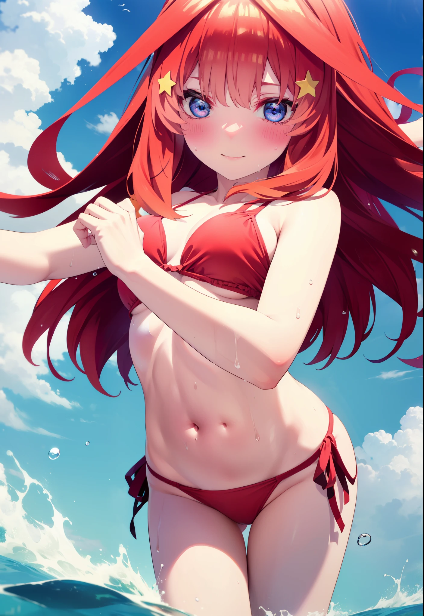 itsukinakano, Itsuki Nakano, bangs, blue eyes, Long Hair,Hair between the eyes, Ahoge, Redhead, star \(symbol\), hair ornaments, star hair ornaments,Red bikini string swimsuit,barefoot,Wet Hair,Wet Hair,Wet Skin,Water Play,smile,blush,True Summer,Clear skies,Daytime,
break outdoors,Ocean,
break looking at viewer,whole body , (Cowboy Shot:1. 5),
break (masterpiece:1.2), Highest quality, High resolution, unity 8k wallpaper, (shape:0.8), (Beautiful attention to detail:1.6), Highly detailed face, Perfect lighting, Extremely detailed CG, (Perfect hands, Perfect Anatomy),