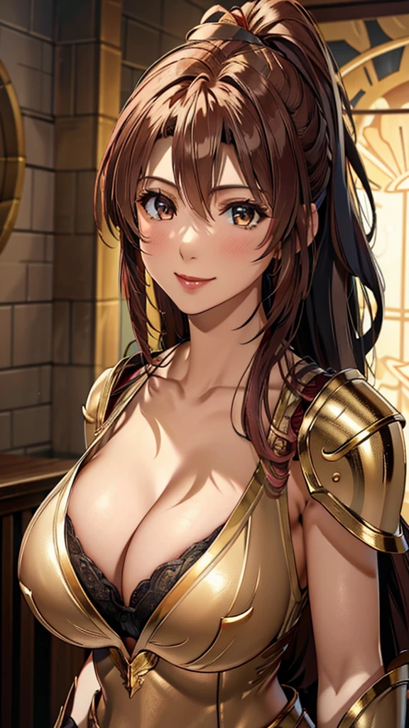 Gold Armor, 4K image, assembly, best quality, masterpiece, movie lighting ，Sexy，Large Breasts，Cleavage，action，In battle，Cleavage，Smile，noble，light beam from hand，Golden lightning surrounds，Red hair，Ponytail hairstyle，Saint Seiya Leo Aiolia，Blink，Lipstick，High purchase price