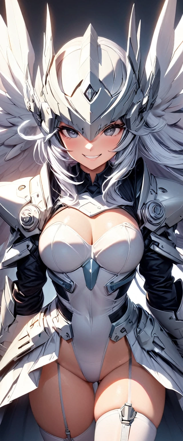(masterpiece, Highest quality), Intricate details, Valkyrie, cute, Happy, (((smile))), Villain's Smile, Raise your hand, View your viewers, Feather Headgear, Flower meadow, Flat Chest One Girl, alone, Portraiture, Platinum Blonde Hair, Drooping ice blue eyes, Silver Single Thigh, White Independent Single Sleeve, gloves, Single Blade,
mecha musume, White bodysuit, Silver Reinforced Suit, Mini Feather Wing, Silver pantyhose, Full Armor, Floral decoration, Equip a sword,