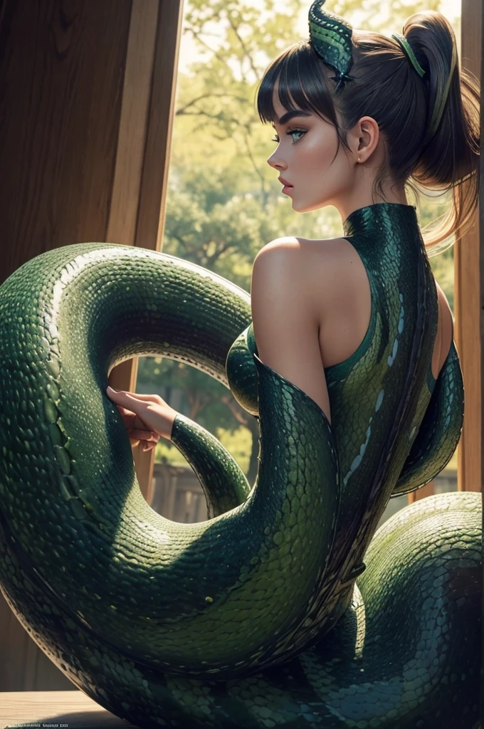 Megan Williams, ultra detailed face, ultra detailed green eyes, hair bangs ponytail, (side view), (((lamia, masterpiece)))