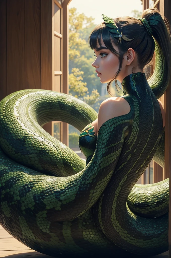 Megan Williams, ultra detailed face, ultra detailed green eyes, hair bangs ponytail, (side view), (((lamia, masterpiece)))