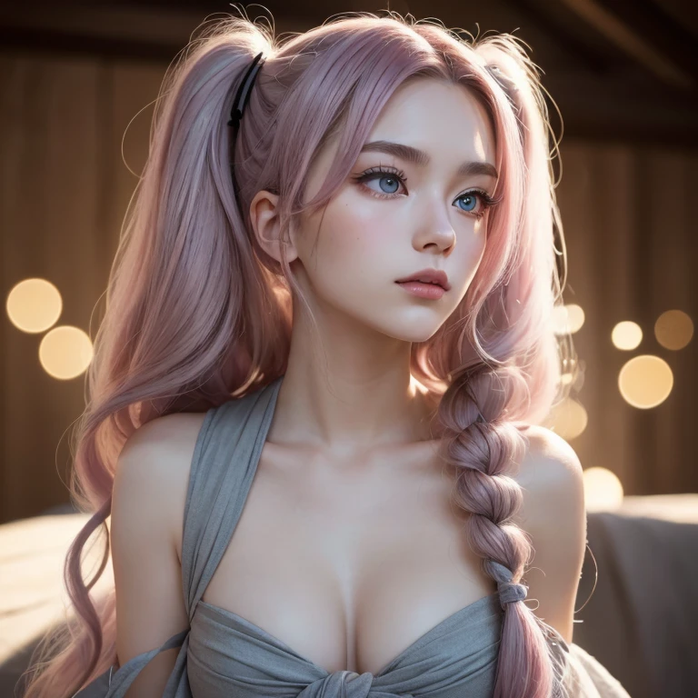 (A full-body drawing of a beautiful girl in a high , pining for love and making a sly expression, is posted on social media.) (The beautiful girl is 18% Japanese, 26% French, 56% Ukrainian, , 178cm tall, small bust, but has a good figure and a beautiful, well-balanced figure.) (Her hair is pink ash gray, super long, tied in twin tails with black ribbons, and curls in a spiral toward the ends.) (Her eyebrows are the same color as her hair, thin, slightly thick, and short, and her eyelashes are long.) (Her large blue eyes reflect the light of the lighting and are amazingly beautiful, like pearls.) (Her nose is high like an English person, her lips are plump and shaped so that you want to kiss them, her skin is translucent white, and the balance between her head and face is based on traditional Japanese aesthetics.) The number of fingers is also noted, neither too many nor too few, and is expressed very delicately. (Single, Masterpiece, Ultra Detailed, Highest Quality, Artistic Composition, Ultra Precision, Realistic, Photorealistic, High Resolution, Dynamic Lighting Effects, Golden Ratio, Surreal). Try your best to meet all these criteria.