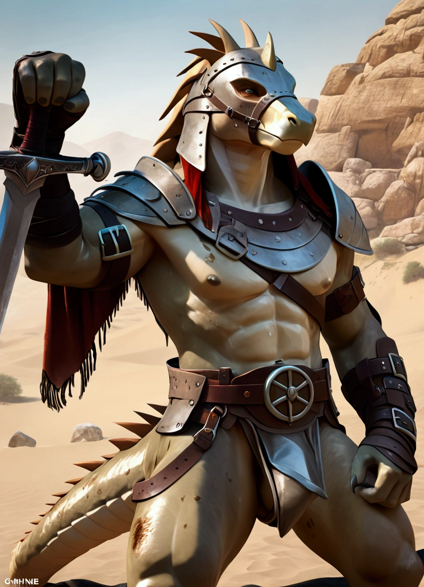 Solo Sexy anthro reptile scalie dragon male; ancient Mediterranean desert warrior; slim mesomorph handsome model apperance apperance; anthro reptile muzzle head shape leather helmet mask with eye holes; anthro reptile muzzle head shape leather helmet mask with eye holes, anthro reptile muzzle head shape leather helmet mask with eye holes,, anthro reptile muzzle head shape leather helmet mask with eye holes, anthro reptile muzzle head shape leather helmet mask with eye holes, sword scars; worn out rusty sexy skimpy armament. He has low on hips heavy leather studded heavy belt. he has narrow in the crotch very old worn out bulgy tigh jockstrap (smelly jockstrap fetish); His jockstrap it is made of old white worn out matte leather sewn together from a few pieces, it has never been washed, it is dirty and has stains from secretions of dried semen and sweat; His armor is old heavy brown harness with armlets studded with spikes; rusty old skimpy breatsplate armor, he has old brown leather BFR Bands on Biceps and his thighs, he has old worn out fingerless leather gloves. His armor is in ruin, it is very very old and dirty, rusted, dirty, old worn out, rusty breastplate. Even though he is a handsome and sexy man, he has a sloppy appearance, has disheveled unwashed dirty husk skin, dirty body look. he smells, he has stains from old blood, dirst, cum, mud, smelly husk skin, disgusting bastard looking. He stands proudly bravely in the Mediterranean sunny pine forest; he stands upright, furious, with his sword raised in a ready-to-fight position, he holds a sword in his right paw, ready for incoming fight; he has a proud, threatening and defiant expression on his face, with little dirty dangerous smile; he has narrow in the crotch very old worn out bulgy tigh jockstrap (smelly jockstrap fetish); 