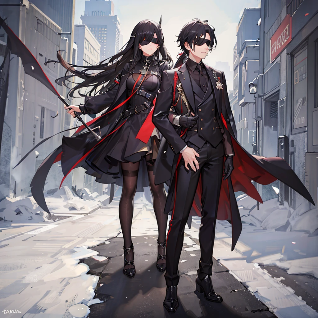 1boy, black hair, blindfolded, wearing all black suits, on top of a building, crying, high res, ultrasharp, 8k, masterpiece, looking at viewer from behind