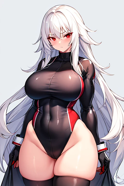 1girl, white hair, long hair, red eyes, serious, glowing eyes, large breasts, thick thighs, mature female, athletic female, toned, one-piece swimsuit, competition swimsuit, long sleeves, sleeves, gloves, black one-piece swimsuit, thighhighs, wet