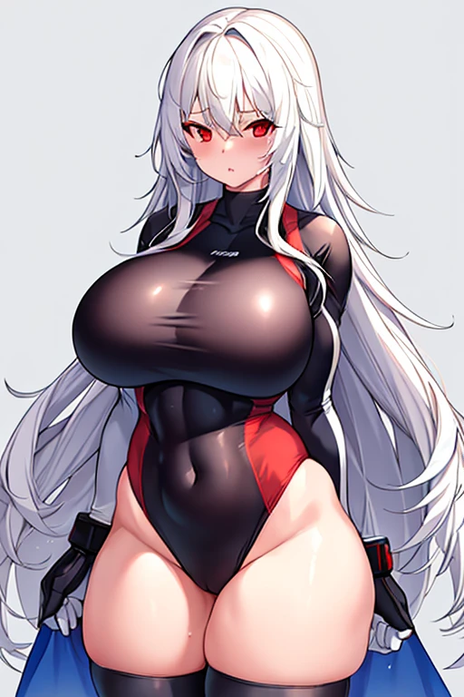 1girl, white hair, long hair, red eyes, serious, glowing eyes, large breasts, thick thighs, mature female, athletic female, toned, one-piece swimsuit, competition swimsuit, long sleeves, sleeves, gloves, black one-piece swimsuit, thighhighs, wet