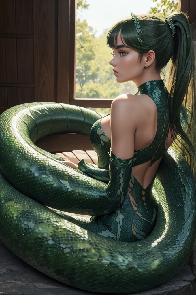 Megan Williams, ultra detailed face, ultra detailed green eyes, hair bangs ponytail, (side view), (((lamia, masterpiece)))