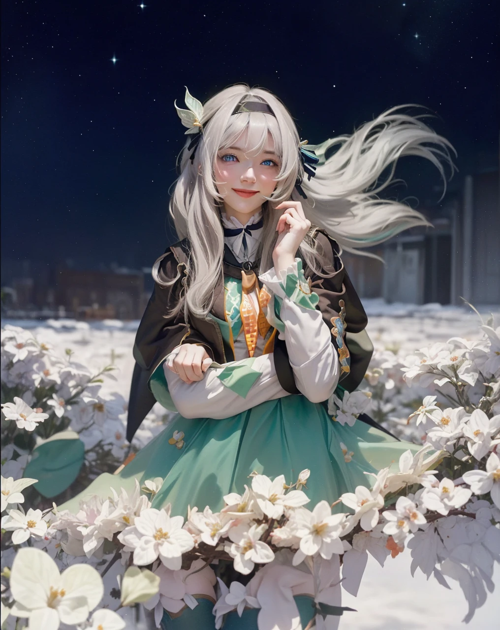 ((FIREFLY_HONKAI STAR RAIL)),((realistic, photorealistic)),(highlight hair)), Light reflection, (( HD )),((upper body)), (((best quality, masterpiece))), (masterpiece) (best quality) (detail) (8k) (HDR) (wallpaper) (cinematic lighting) (sharp focuasterpiece, best quality: 1.1), Real life adaption of this character, beautiful girl, Shining green eyes, realistic outfit, realistic shadow, realistic light, realism, hyper realistic, realistic background,Realistic hair, realistic hair at the back,(photorealistic:1.2),Flower garden background at night, white flowers, floating hair, 1girl, honkai star rail,masterpiece, best quality, 1girl, solo,grey hair, long hair,hair ornament,black hairband, blue eyes, long sleeves, green skirt,green thighhighs,
cowboy shot, grey background, smile,closed mouth,blush,score_9, score_8_up, score_7_up, 1girl, firefly \(honkai: star rail\), solo, black thighhighs, hairband, gradient skirt, hair ornament, blouse, frilled collar, cropped jacket, yellow neckerchief, standing, gasping, smile, ecstasy, finger to mouth, arm behind back, living room