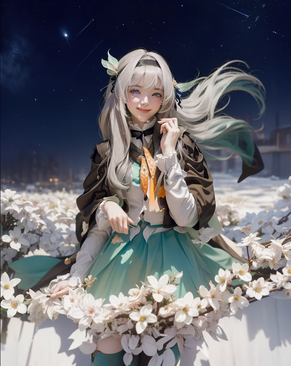 ((FIREFLY_HONKAI STAR RAIL)),((realistic, photorealistic)),(highlight hair)), Light reflection, (( HD )),((upper body)), (((best quality, masterpiece))), (masterpiece) (best quality) (detail) (8k) (HDR) (wallpaper) (cinematic lighting) (sharp focuasterpiece, best quality: 1.1), Real life adaption of this character, beautiful girl, Shining green eyes, realistic outfit, realistic shadow, realistic light, realism, hyper realistic, realistic background,Realistic hair, realistic hair at the back,(photorealistic:1.2),Flower garden background at night, white flowers, floating hair, 1girl, honkai star rail,masterpiece, best quality, 1girl, solo,grey hair, long hair,hair ornament,black hairband, blue eyes, long sleeves, green skirt,green thighhighs,
cowboy shot, grey background, smile,closed mouth,blush,score_9, score_8_up, score_7_up, 1girl, firefly \(honkai: star rail\), solo, black thighhighs, hairband, gradient skirt, hair ornament, blouse, frilled collar, cropped jacket, yellow neckerchief, standing, gasping, smile, ???????, finger to mouth, arm behind back, living room  