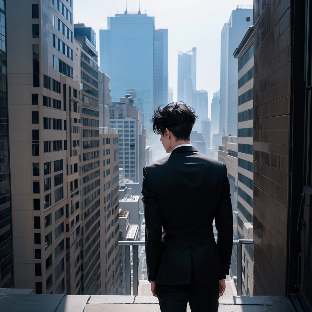 1boy, black hair, blindfolded, wearing all black suits, on top of a building, crying, high res, ultrasharp, 8k, masterpiece, looking at viewer from behind