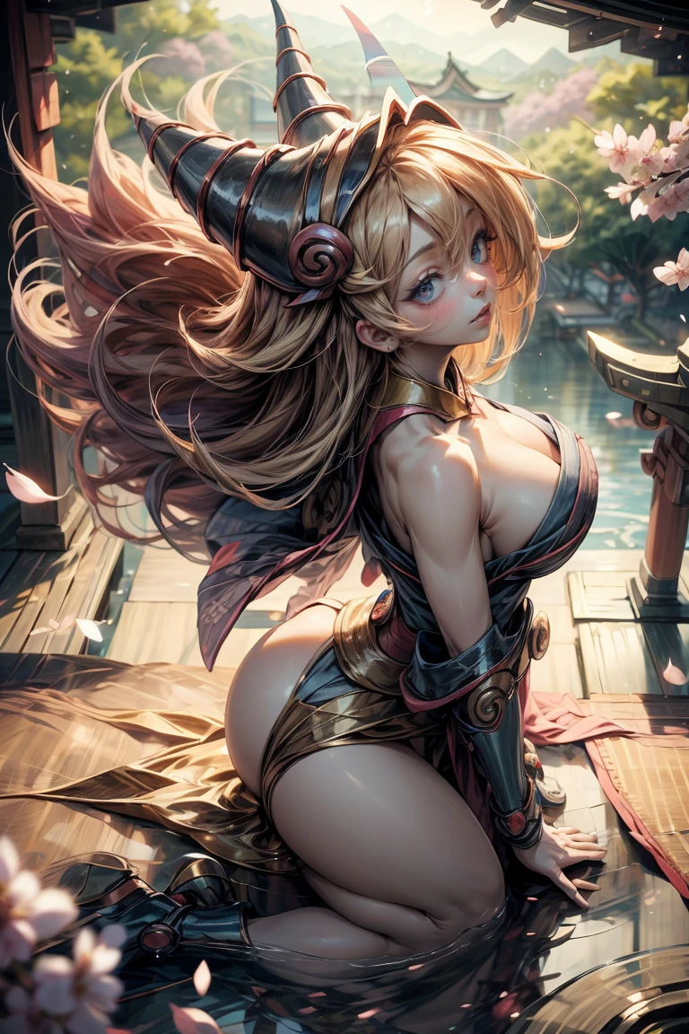 (masterpiece:1.2), (The best quality:1.2), perfect lighting, dark magician gils girl, Long blonde hair. in his twenties, arching her back in a sexy and seductive pose, accentuated super huge enormously big , neckline, beautiful open kimono, oni horns and hair ornaments, from above, cherry blossoms waving in the wind, very long red hair, sitting opening legs. Shinto shrine background, neckline profundo mostrando