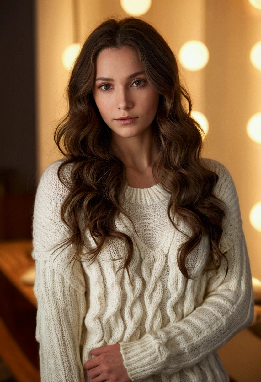 woman, long wavy hair, long worsted white sweater, large bust, looking at the camera, in a room with warm lights, photorealistic