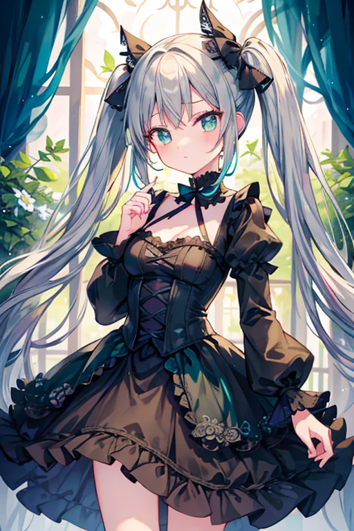 (One girl),Gothic,Twin tails,Gray Hair, Organza Lace,Gorgeous and elaborate clothes,Gothic, flight, green, (colorful), Bold, Gradient Blend, Motion Blur, Sparkling Texture, Dynamic configuration, Atmospheric perspective, Impressionist, , (masterpiece), (Highest quality), wonderful, (Beautiful attention to detail), (In detail), Depth of written boundary, Highly detailed CG, original, Highly detailed wallpaper, (Vibrant colors), Cinema Lighting,  (colorful), blush,