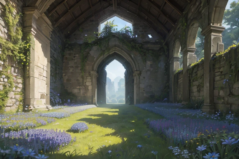 extremely overgrown haven walled off from the world with very tall dilapidated stone walls, spacious rectangular enclosed interior with tall grass, blue daisies flowers, sharp focus, detailed, best quality